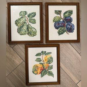 Framed Fruit Cross-Stitch Trio - Green, Blue, Yellow